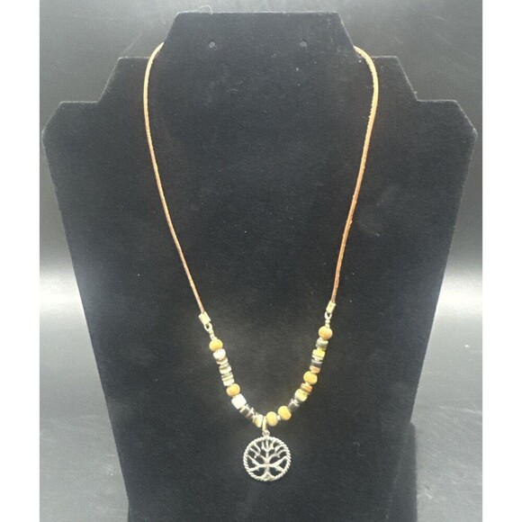 Metal Tree of Life Necklace W/ Brown Thin Leather & Beads 10” - Picture 1 of 4